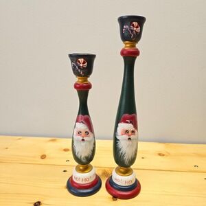 Vintage Wooden Santa Candle Holders Hand Painted Folk Art Christmas Decor Pair